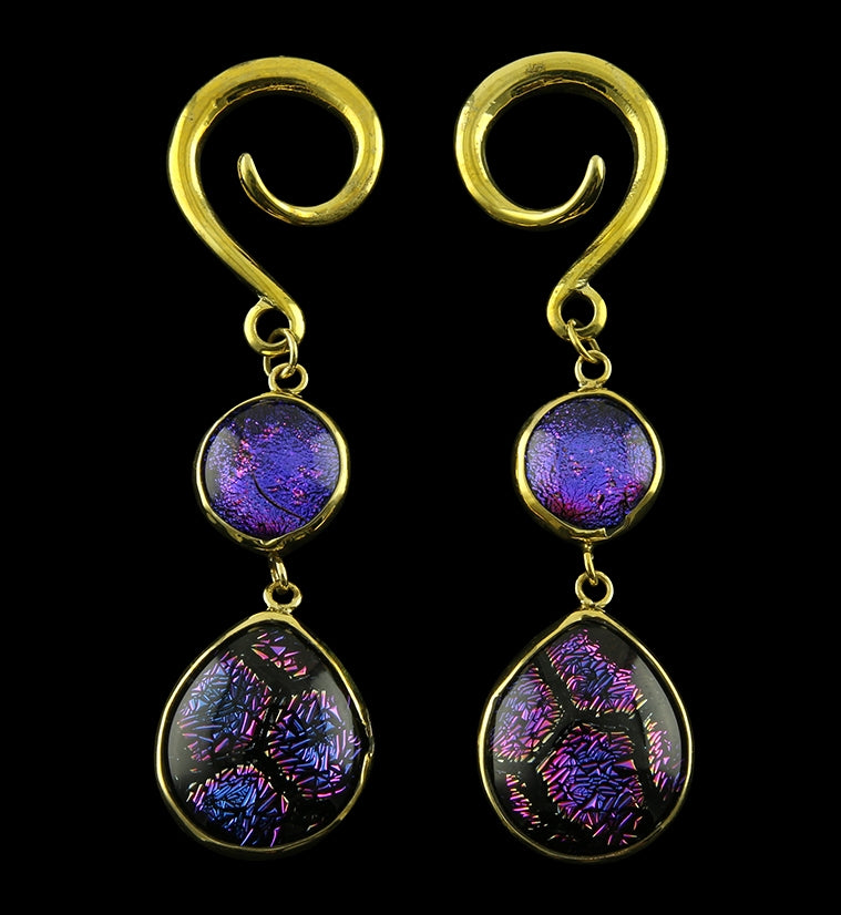 Psychedelic Double Teardrop Dichroic Glass Brass Ear Weights