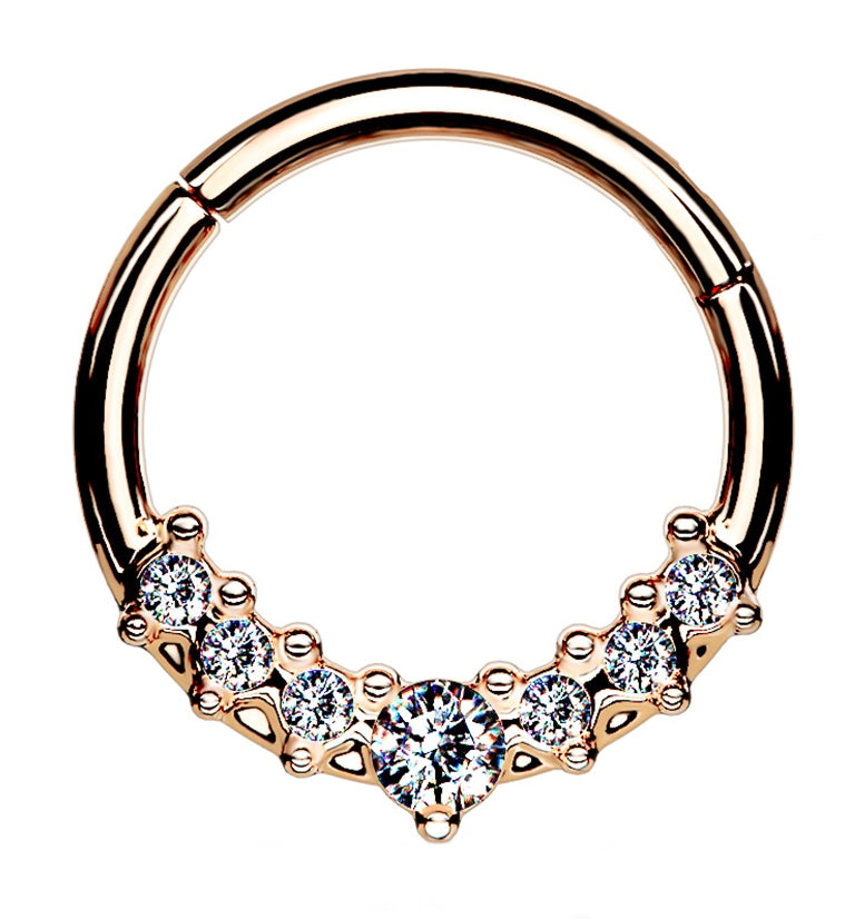 Radiant Rose Gold PVD Cluster Bead CZ Hinged Segment Hoop Ring