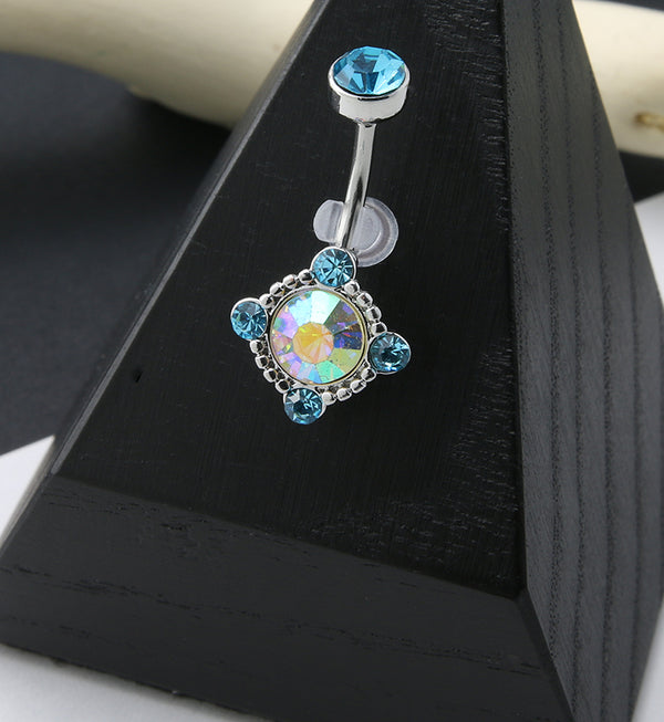 Rainbow Aurora and Aqua CZ Noble Belly Button Ring