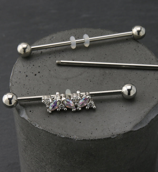 Rainbow Aurora And Clear CZ Industrial Barbell