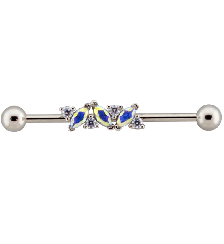 Rainbow Aurora and Clear CZ Industrial Barbell