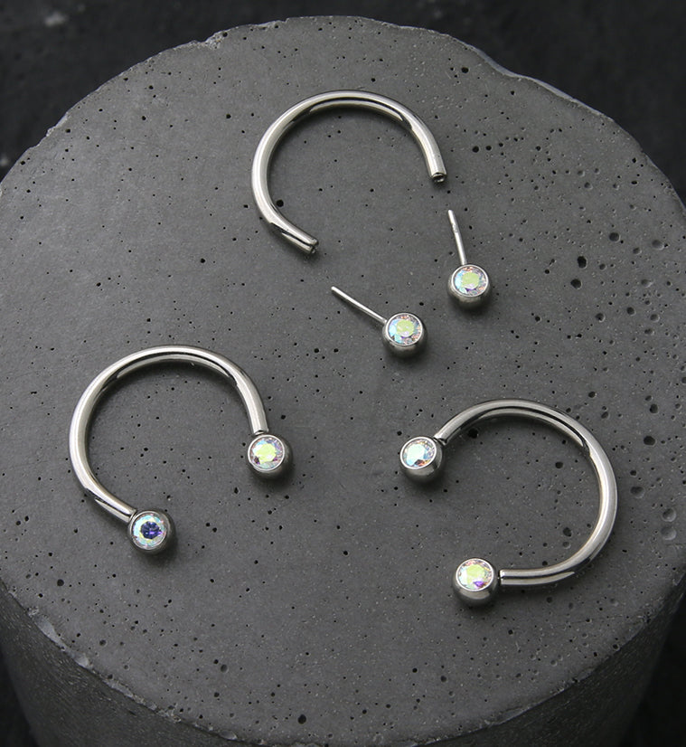 Rainbow Aurora CZ Threadless Titanium Circular Barbell