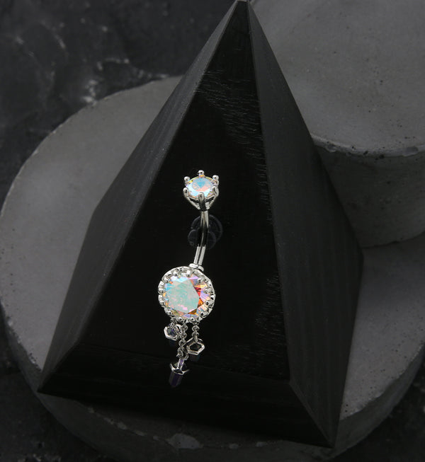 Rainbow Aurora Crystal Dangle Stainless Steel Belly Button Ring
