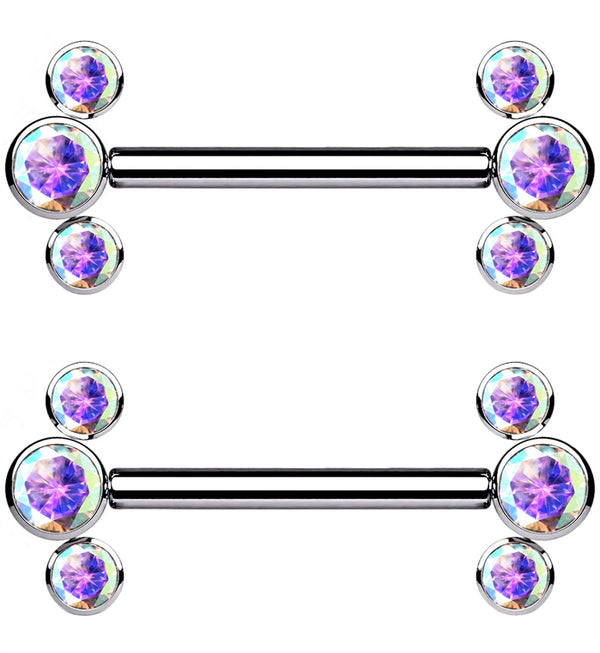 Rainbow Aurora Cluster CZ Threadless Titanium Nipple Bars
