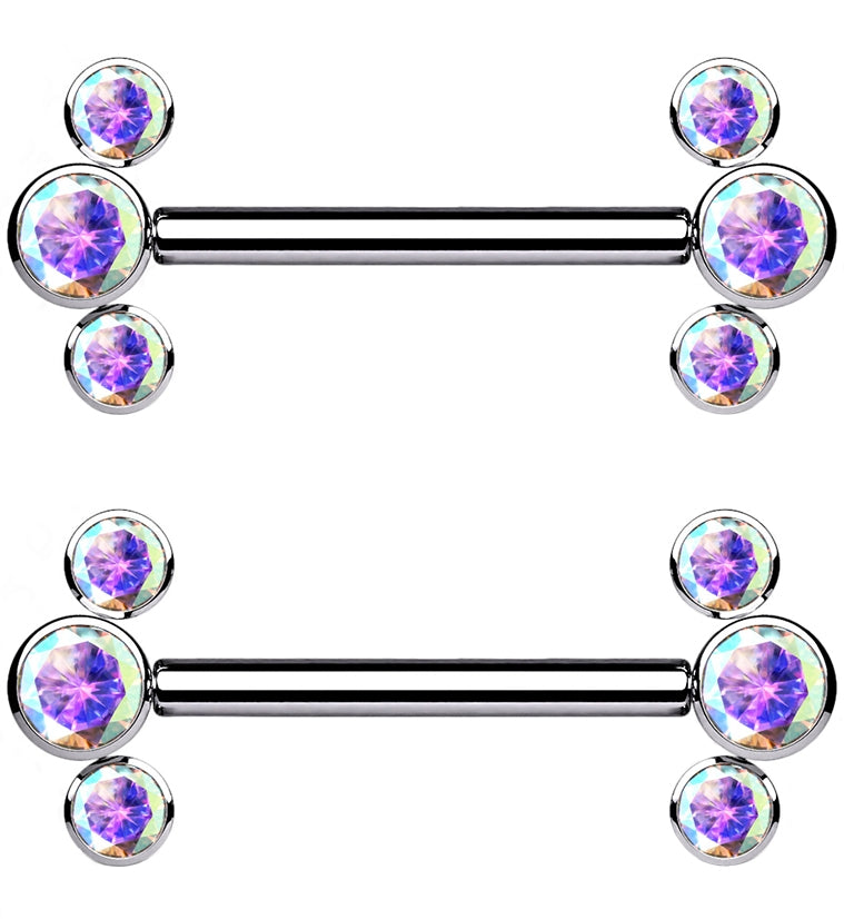 Rainbow Aurora Cluster CZ Threadless Titanium Nipple Bars