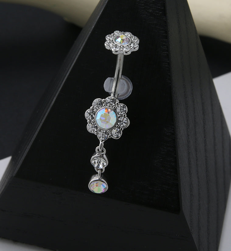 Rainbow Aurora CZ Dangle Flower Belly Button Ring
