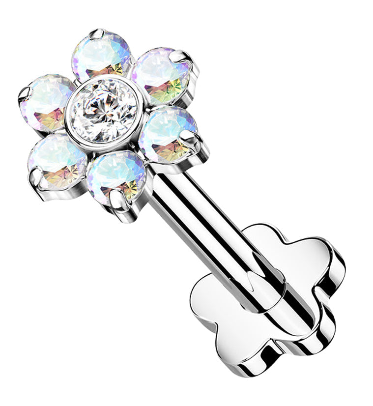 Rainbow Aurora CZ Flower Titanium Threadless Labret