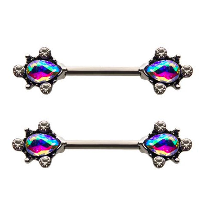 14G Rainbow Aurora CZ Filigree Nipple Rings Barbell