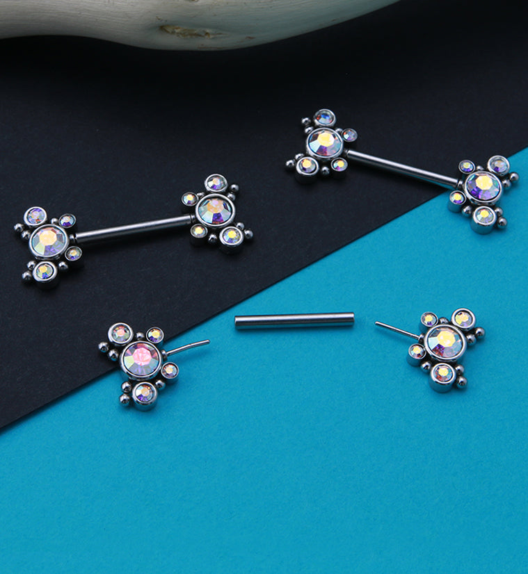 14G Rainbow Aurora CZ Bevy Threadless Nipple Ring Barbells