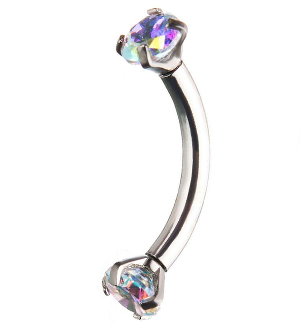 Rainbow Aurora CZ Prong Set Stainless Steel Curved Barbell