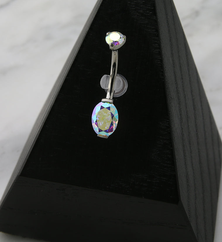 Rainbow Aurora Oval CZ Titanium Belly Button Ring
