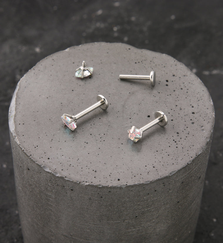 Rainbow Aurora Prong Oval CZ Stainless Steel Internally Threaded Labret