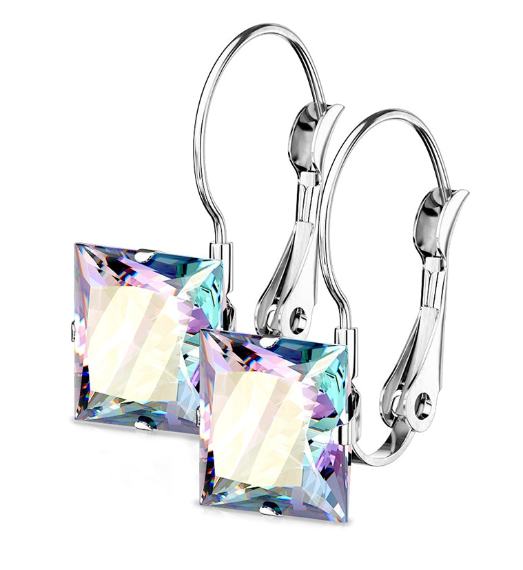Rainbow Aurora CZ Square Clasp Earrings