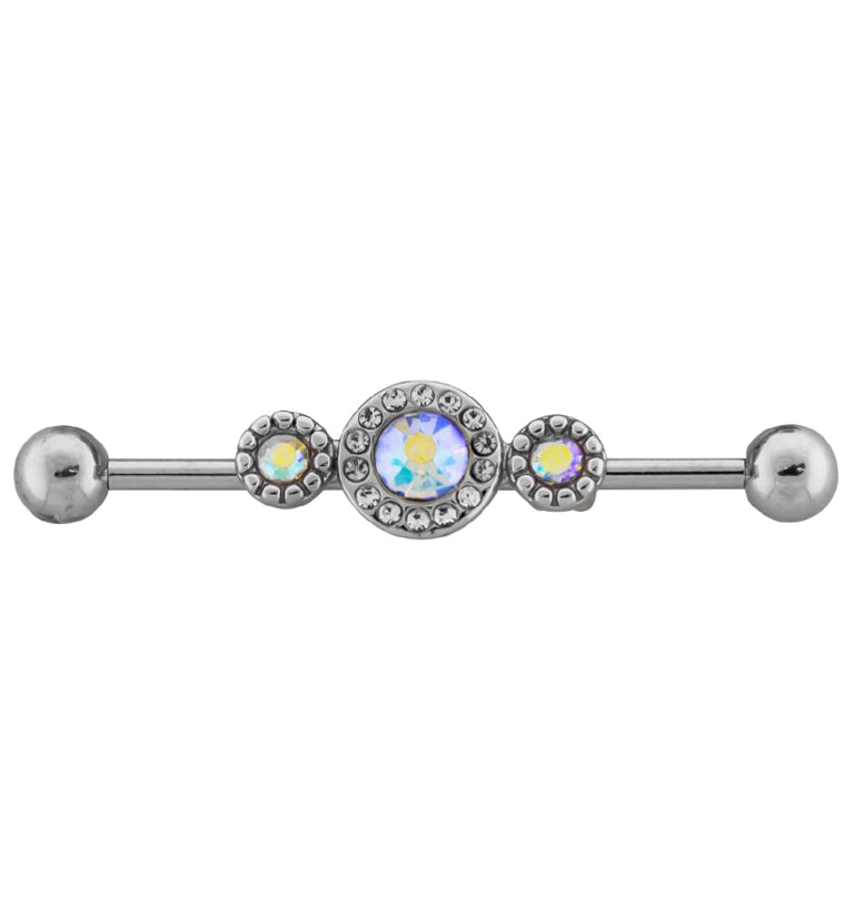 Triple Rainbow Aurora Swarovski CZ Stainless Steel Industrial Barbell