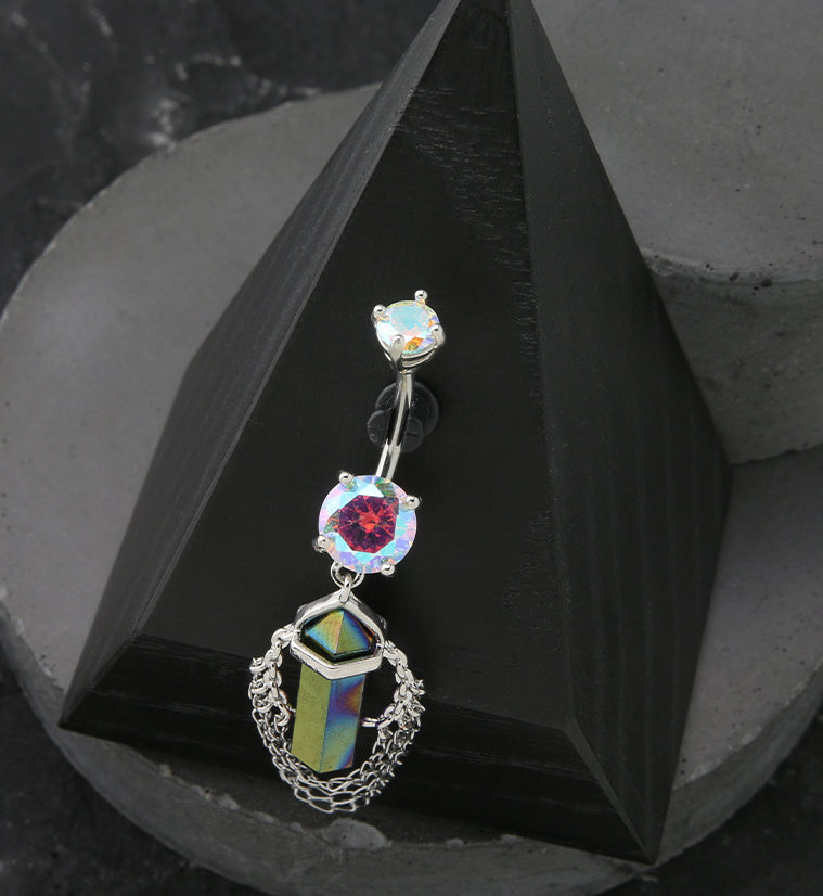 Rainbow Crystal Multi Dangle Chain Stainless Steel Belly Button Ring