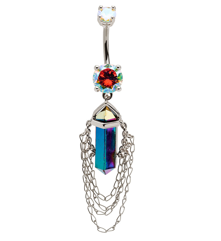 Rainbow Crystal Multi Dangle Chain Stainless Steel Belly Button Ring