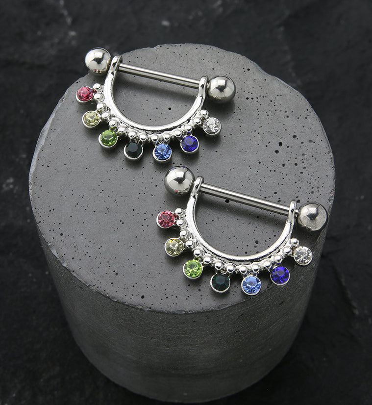 Rainbow CZ Beads Nipple Ring Barbell