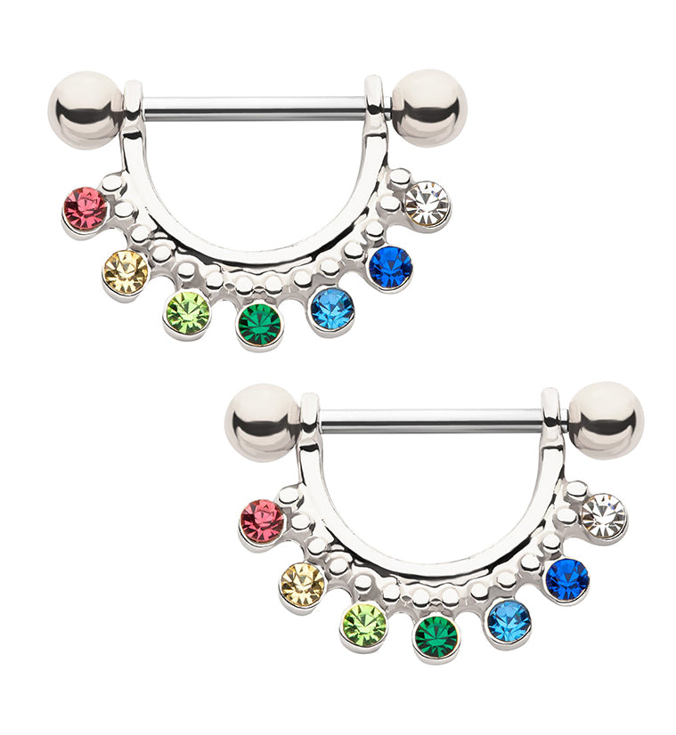 Rainbow CZ Beads Nipple Ring Barbell