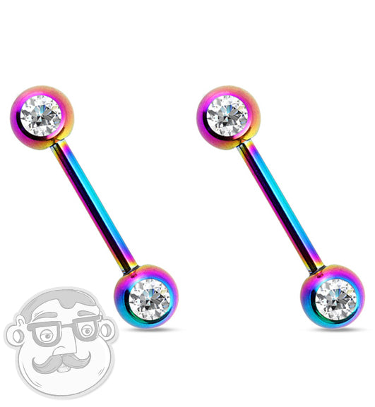 Double CZ Gem Rainbow Nipple Ring Barbell