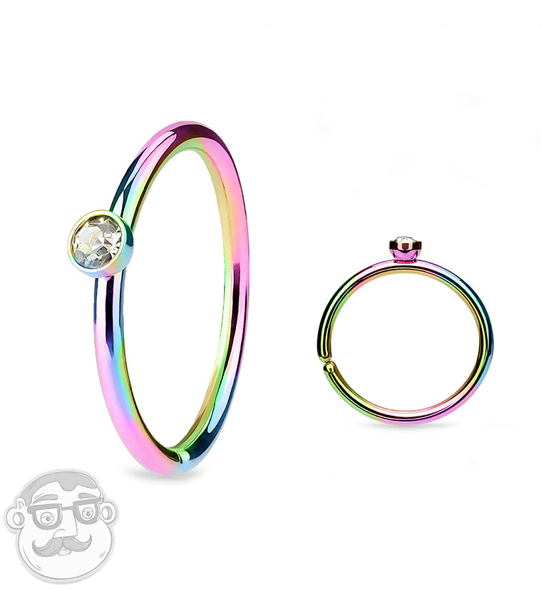 20G PVD Rainbow Stainless Steel Nose Hoop with Micro CZ Gem