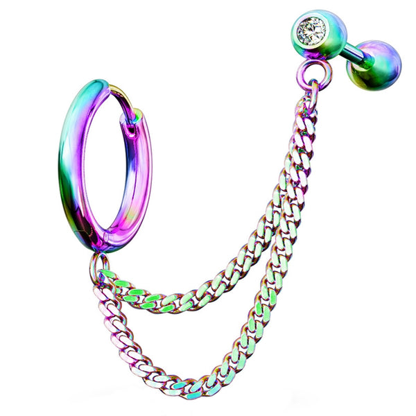 Rainbow PVD Double Linked Hinged Hoop Ring & CZ Cartilage Barbell