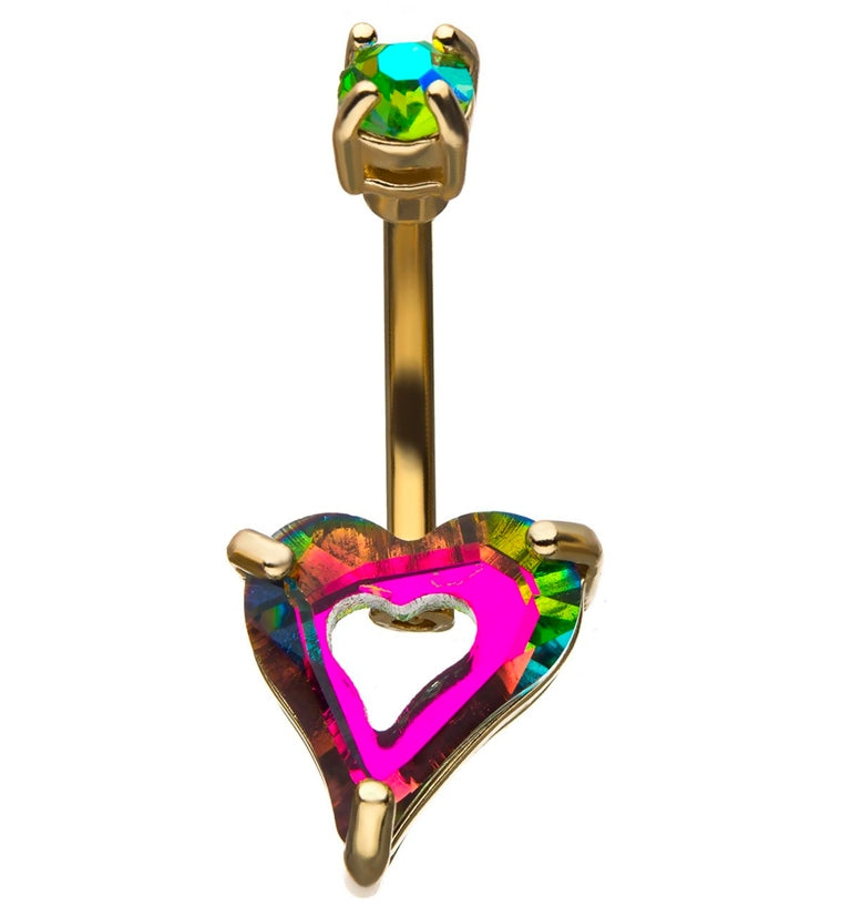 Rainbow Heart CZ Gold Belly Ring