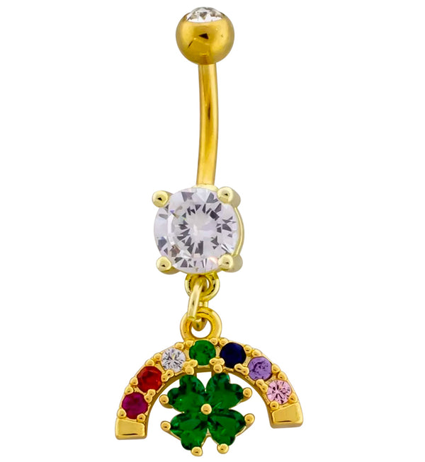 Rainbow Lucky Clover CZ Dangle Stainless Steel Belly Button Ring