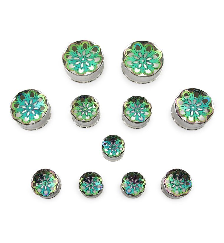 Rainbow Mandala Flower Steel Tunnel Plugs