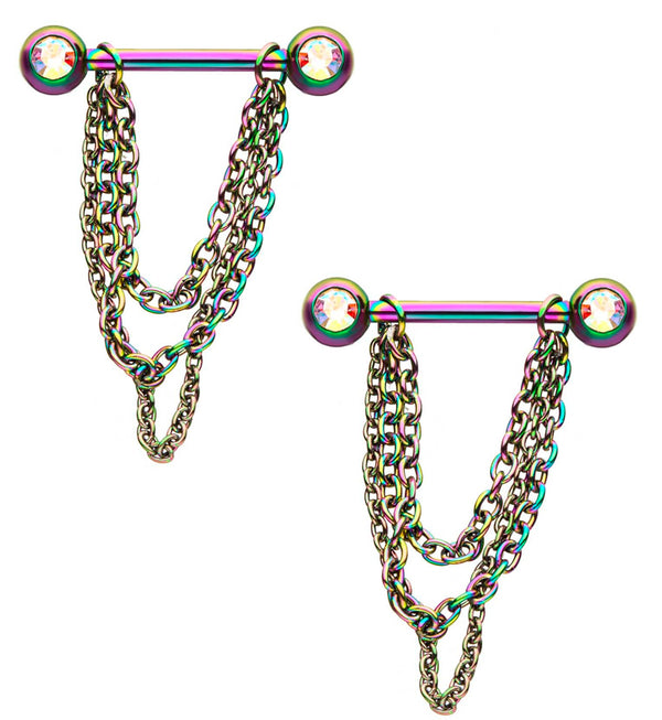 14G Rainbow PVD Rainbow Aurora CZ Chained Nipple Rings Barbell