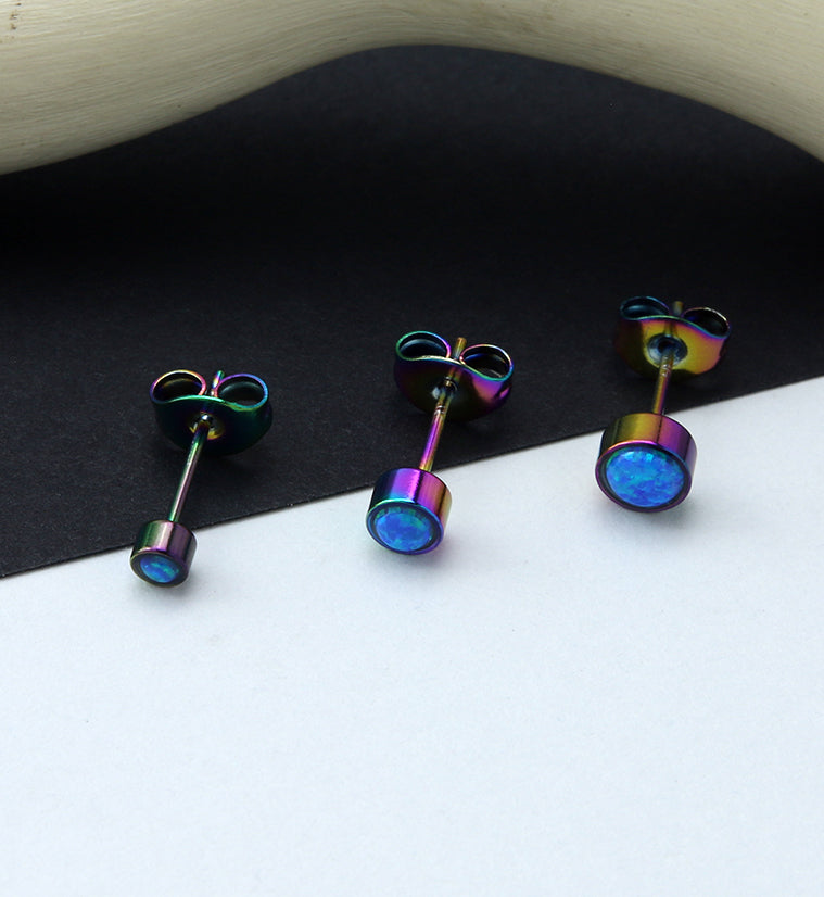 Rainbow PVD Bezel Blue Opalite Stainless Steel Earrings