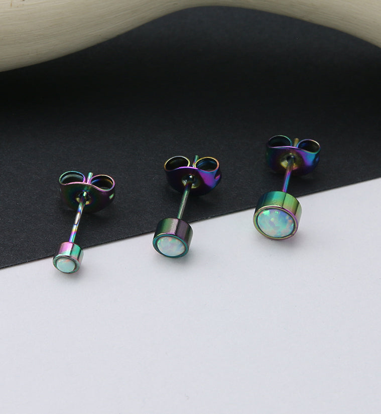 Rainbow PVD Bezel White Opalite Stainless Steel Earrings
