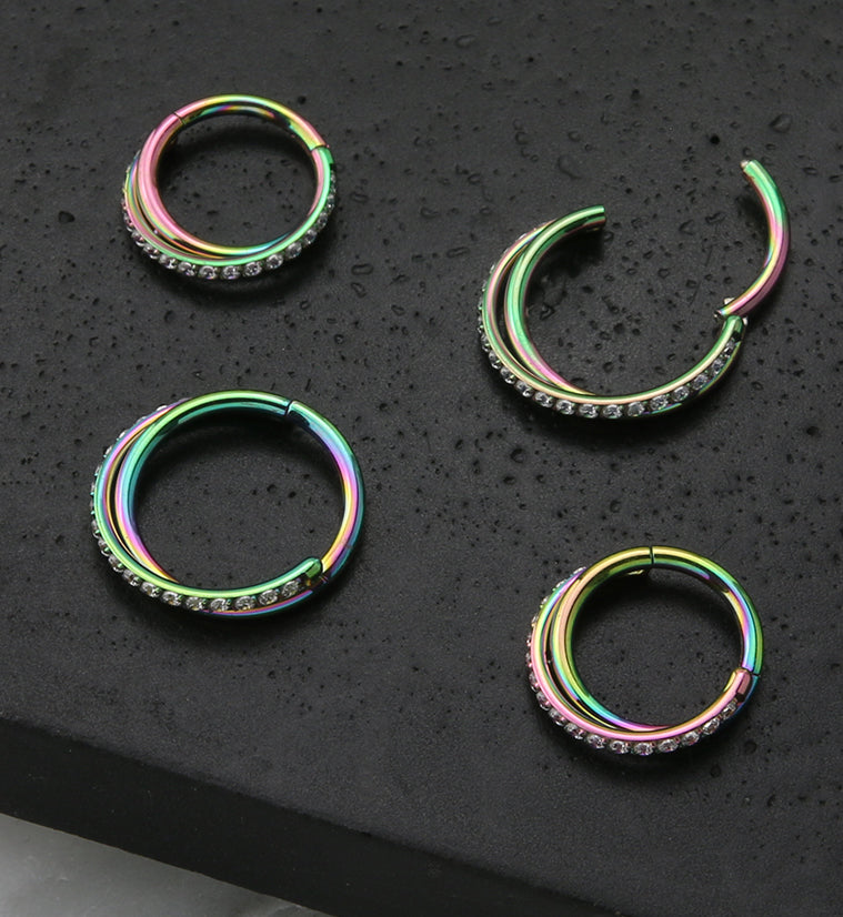 Rainbow PVD Entwine CZ Stainless Steel Hinged Segment Ring