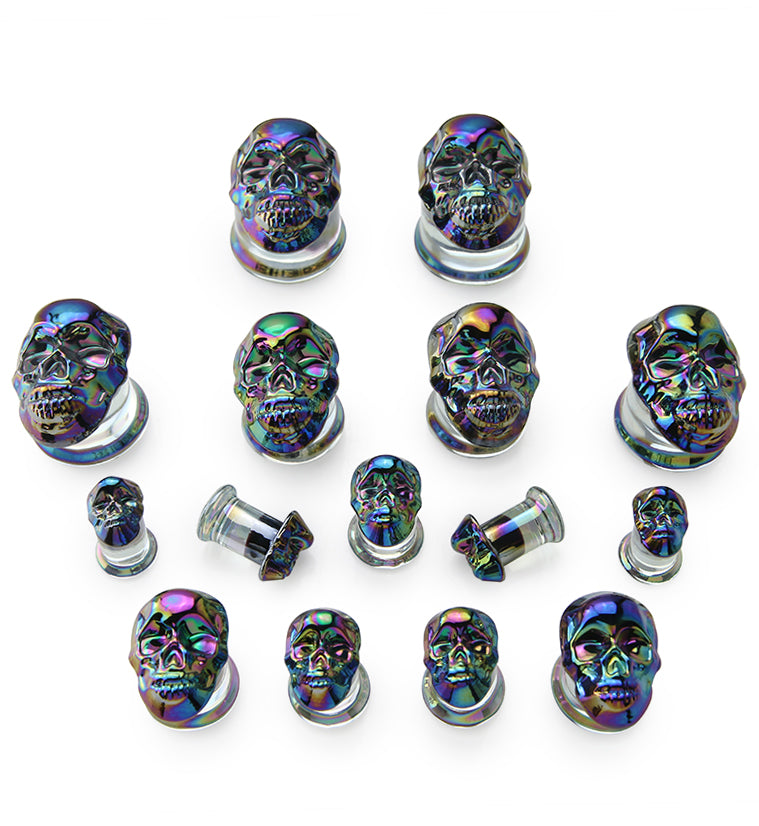 Rainbow Skull Double Flare Glass Plugs - Gauges