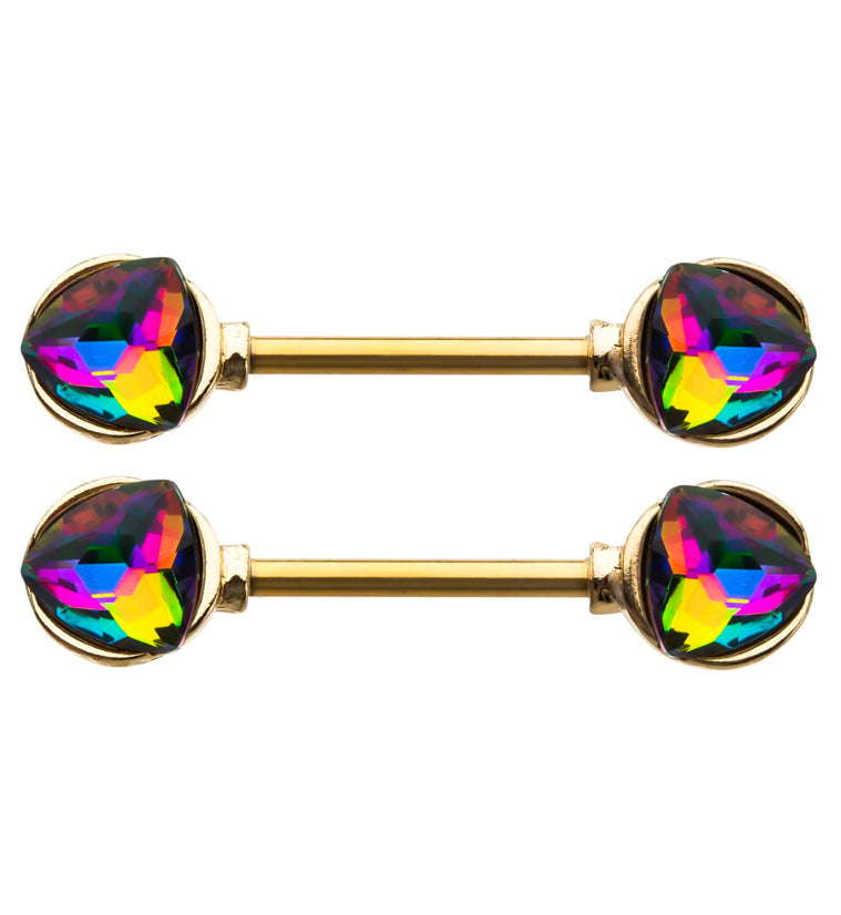 14G Gold PVD Trine Rainbow CZ Nipple Ring Barbell