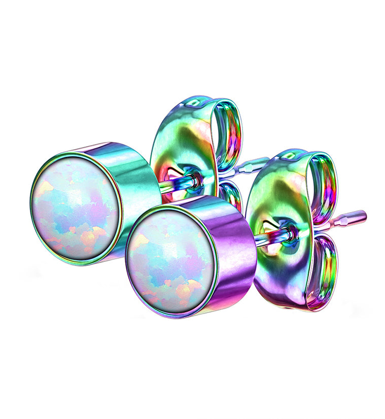 Rainbow PVD Bezel White Opalite Stainless Steel Earrings