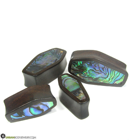 Dark Wood Abalone Shell Coffin Plugs | UrbanBodyJewelry.com