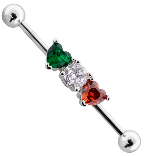 Red And Green Heart CZ Stainless Steel Industrial Barbell