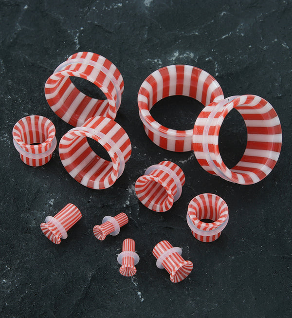 Red And White Striped Glass Single Flare Tunnels