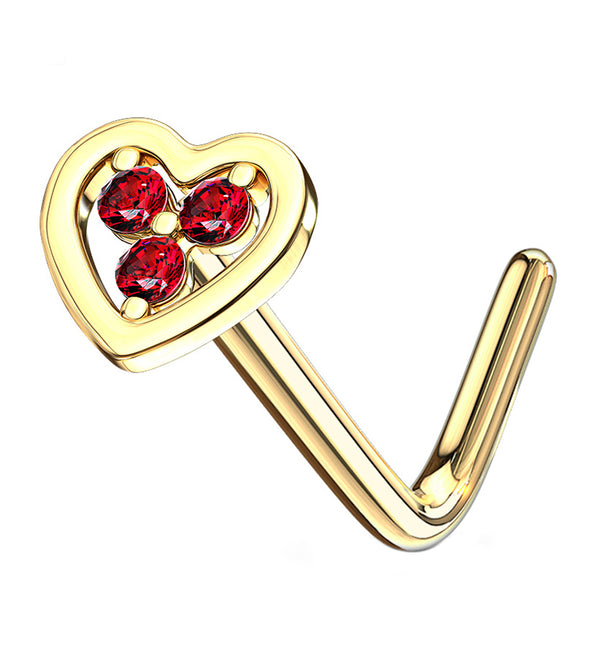 14kt Gold Heart Red CZ L Bend Nose Ring