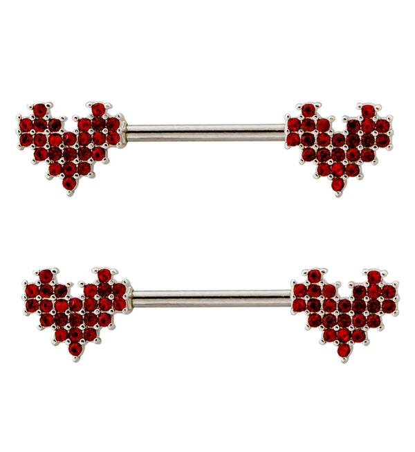 Red CZ Hearts Stainless Steel Nipple Barbell