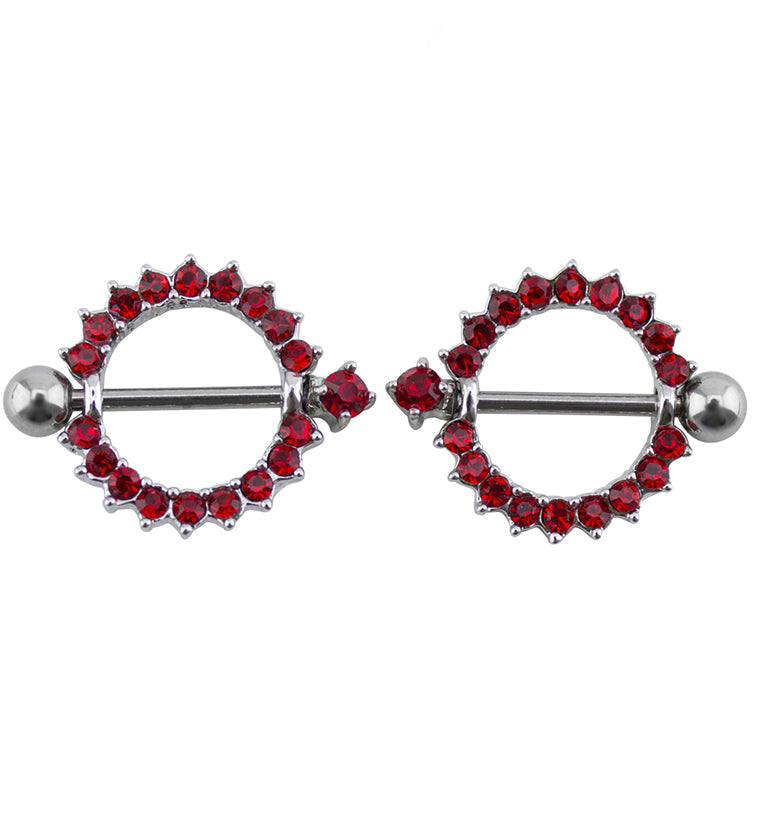 Red CZ Rim Nipple Ring Barbell Shield
