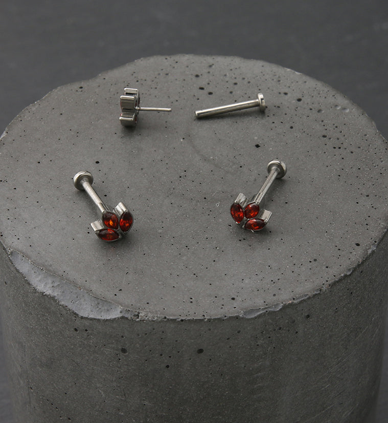 Red CZ Tri Sepal Titanium Threadless Labret
