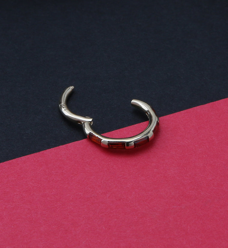 14kt Gold Oblong Red CZ Edge Hinged Segment Ring