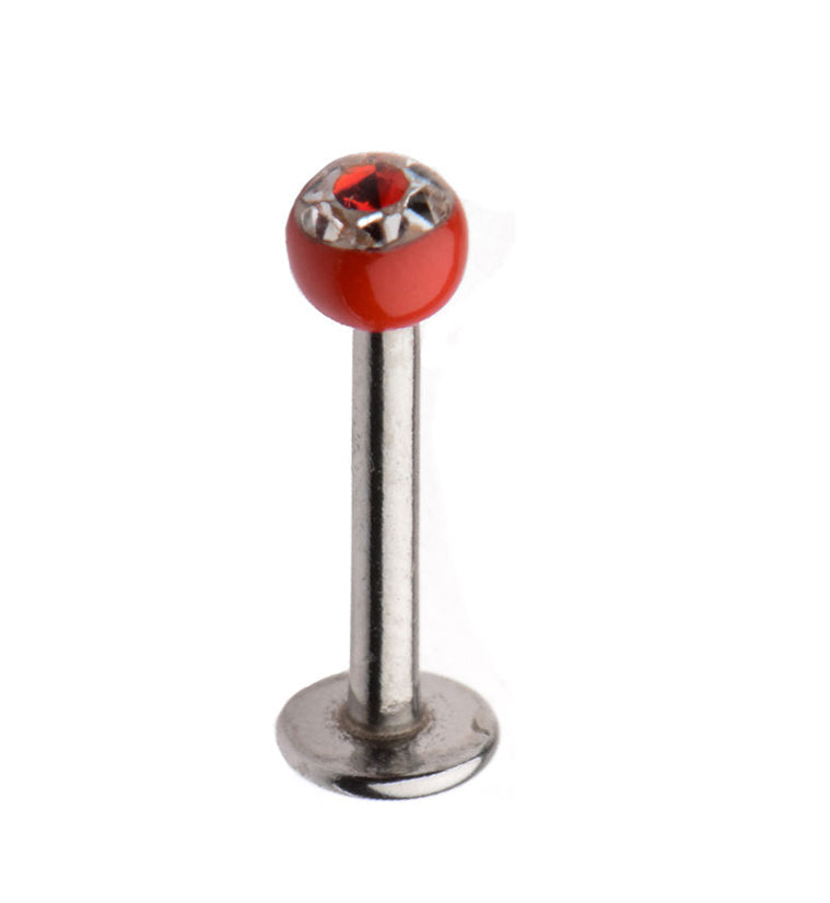 16G Stainless Steel Lip / Labret Stud with CZ Red Ceramic Ball