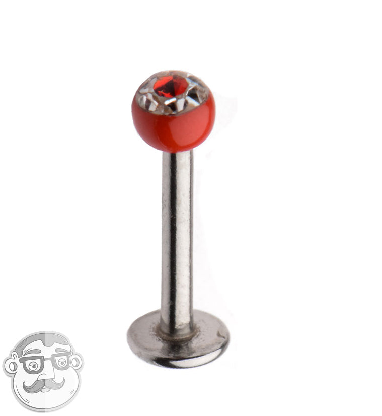 16G Stainless Steel Lip / Labret Stud with CZ Red Ceramic Ball