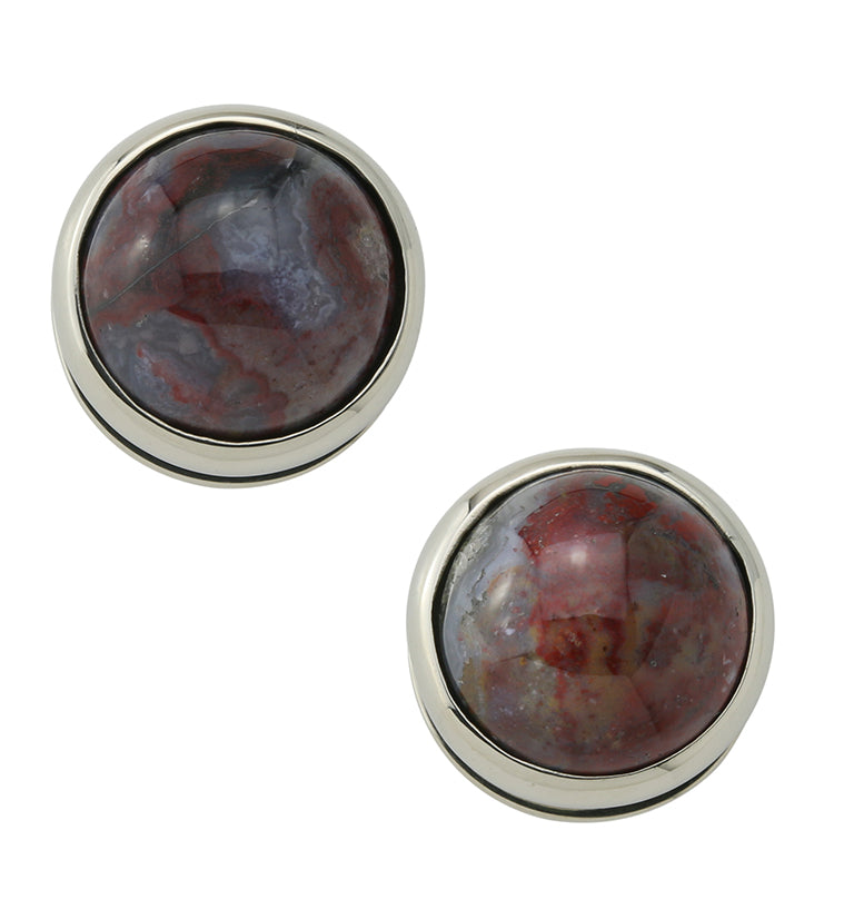 Red Moss Agate Stone Disk White Brass Ear Weights
