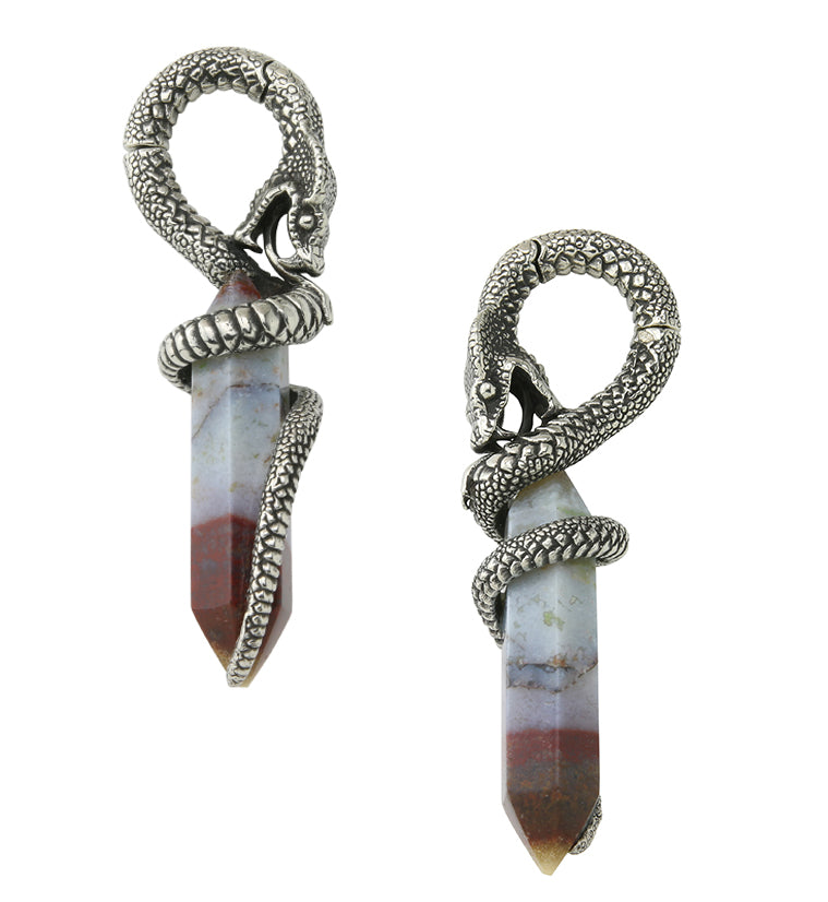 Red Moss Agate Cobra White Brass Hinged Ear Weights