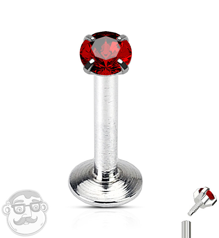 Red CZ Prong Internally Threaded Labret