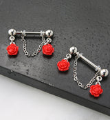 Red Rose Dangle Chain Stainless Steel Nipple Barbell