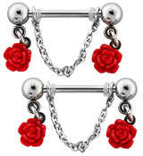 Red Rose Dangle Chain Stainless Steel Nipple Barbell